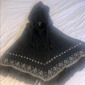 Dark Grey Hooded 100% Shetland Wool Poncho with Fringe M/L